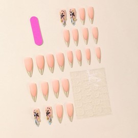 24 Pcs Long Press on Nails Almond Fake Nails French Tip RIICFDD False Nails with Coconut Palm and Starfish Designs Artificial Glossy Full Cover Nude Pink Acrylic Nails for Women and Girls Nail Decor