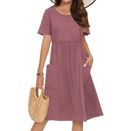 Zeagoo Midi Dresses for Women Short Sleeve Crewneck Casual Dress Solid Color Gauze Dress Swing A-Line Mini Dress Tropical Dress,Red,L