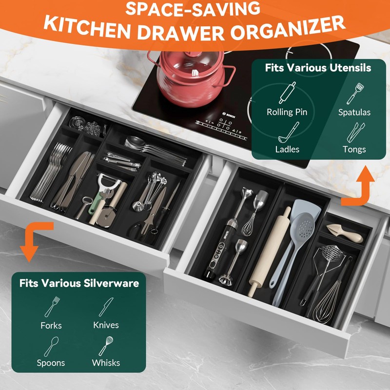 Lixple Bamboo Drawer Organizer, Narrow Silverware Organizer for Kitchen Drawer,