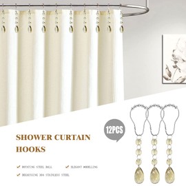 Shower Curtain Hooks 304 Stainless Steel Rustproof 12 Pcs Shower Curtain Hangers Acrylic Bathroom Crystal Elegant Style for Bathroom Shower Rods, Champagne