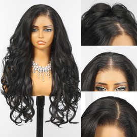 Allbell 13x6 Glueless HD Lace Wigs,Synthetic Lace Front Wig for Black Women,24Inch Natural Black Body Wave Hair Replacement