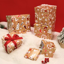 PAPER FAIR 5PCS Christmas Nesting Gift Boxes Set, Brown Kraft Xmas Stocking Red Foil Square Cardboard Nested Box w/Lid, for Gift Wrapping Holiday Present Birthday, Assorted Size