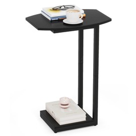 Hosfais Small Side Table End Table, C Shaped Barrel Coffee Table with Metal Frame, Wooden TV Tray for Living Room, Bedroom, Couch, Small Spaces (Black)