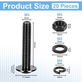 20 PCS Nuts and Bolts, Black Stainless Steel M5×30mm Bolt Socket Screws with Flat Washers and Locking Washers, Bolts and Nuts Set, Cap Head Screws Assortment Kit