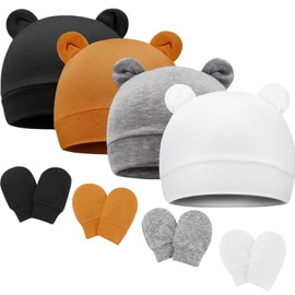 DRESHOW Newborn Baby Hat and Gloves Set Beanie Clothing Unisex Infant Hat Nursery Hat Baby Boys Girls 0-6 Months, 4 Sets: Bear Ears Hats & Mittens 11UK