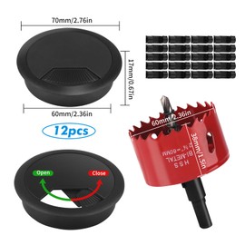 GHVACZS Pack of 12 Cable Grommet Desk, Round 60 mm Cable Pass Outlet, Plastic Cable Guide Table, Cable Outlet Box with 1 Hole Saw and 20 Retaining Clips for Desks
