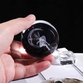 Movdyka 2.36 in. Crystal Ball Etched 3D Fairy with Moon Figurine, Glass Sphere with Crystal Stand Paperweight Fairy Gifts for Girls Home Ornaments Keepsake for Women