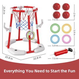 BLmukce Pool Basketball Hoop for Kids 4-8 & 8-12 Years Old - 2-in-1 Floating & Above Ground Water Game with 4 Balls, 12 Rings & Pump, Inflatable Outdoor Play Swimming Pool Toy for Adult Summer Party