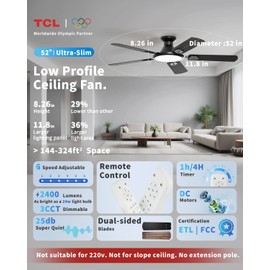 TCL 52" Low Profile Ceiling Fan with Light, Slim, Black, Flush Mount, DC Reversible Motor, 6 Speeds, Remote Control, Noiseless, Dimmable, LED Light, 3CCT, Modern Matte Black Ceiling Fan for Bedroom