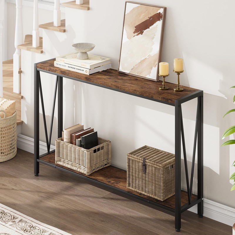 Industrial Console Table, 2 Shelf Entryway Table with Storage, Narrow