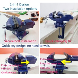 MYTEC Bench Vise or Table Vise, multifunctional jaw, multi-functional Combined Vise with Quick Adjustment, Universal Rotate 360° Work Clamp-On Vise, 3.3" blue