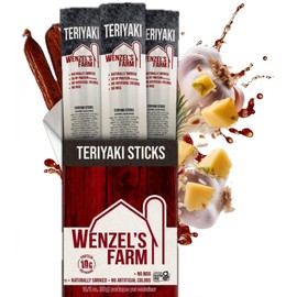 Wenzel’s Farm Teriyaki Sticks │Supports Active Lifestyles │ Flavorful, Naturally Smoked │ High Protein, Low Carb │ No MSG, Fillers, Binders, Artificial Colors │ Gluten Free | 32 Sticks (16 Packs of 2)