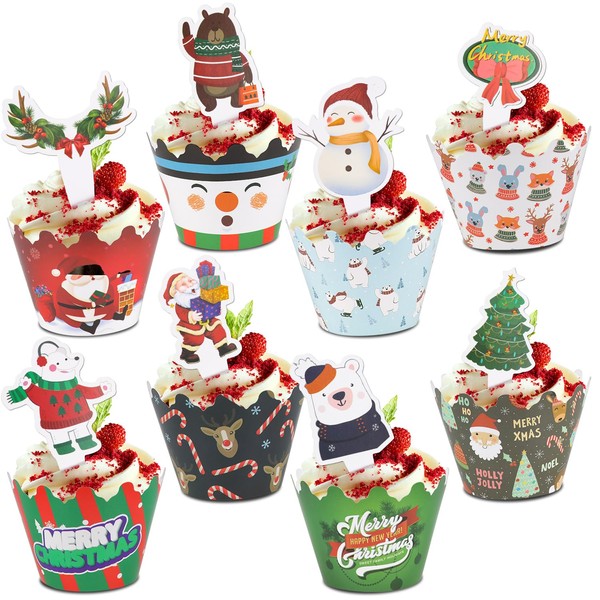 Delsen Pack of 96 Christmas Cupcake Toppers and Wrappers, Christmas Cupcake Wrappers, Penguin, Elk, Snowman, Elves, Christmas Bell Decoration for Cupcakes, Cakes, Muffins, Decoration Christmas Party