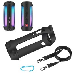 Shockproof Silicone Cover Case for JBL Pulse 4 Speaker - Portable Protective Skin with Shoulder Strap & Metal Buckle, Anti-Scratch Bluetooth Speaker Accessory (Black)