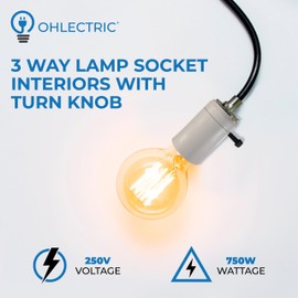 Ohlectric OL-39285 3 Way Lamp Socket Interiors With Turn Knob - Unglazed Mogul Size Porcelain Socket - Lamp Fixture Replacement Socket With Removable Knob - Vintage Lamp Part