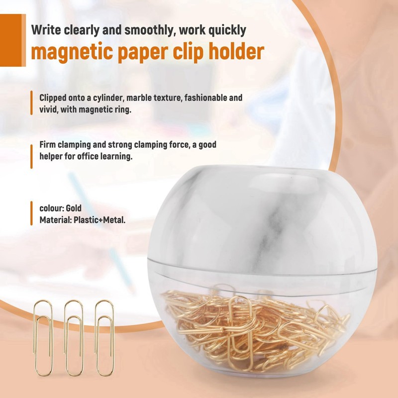 Roundsky Gold Office Clips in Elegant Magnetic Marble Clip Holder,