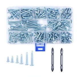 Box of 210pcs ZONADAH M4.2 Self Drilling Tek Screws with Screwdriver Bits Kit for Metal in 11 Sizes, Galvanized Flat Head Carbon Steel Pan Head Self Drill