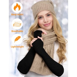 Becellen 2 Pairs of Long Arm Warmers, Thermal Knitted Fingerless Gloves, Warm Winter Gloves, Stretchy Hand Warmers, Pulse Warmers with Thumb Hole Over for Men and Women, black