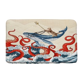 JIRGIXA Red Octopus Bath Mat Ocean Kraken Nautical Animal Octopus Tentacles Japanese Great Waves Funny Cat Whale Cool 17.8"x29.5" Bathroom Decor Mat/Rug