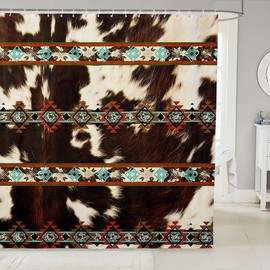 Erosebridal Cowhide Shower Curtain Western Bath Curtain,Brown Cow Print Shower Curtain Set Exotic Diamond Aztec Tribe Farm Animals Bull Cattle Skin Bathroom Decor Cowboys Gifts for Women 72" Wx78 L