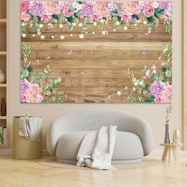 7X5FT Rustic Wood Floral Backdrop, Pink Flower Wood Glitter Birthday Photography Background for Women Girls, Birthday Newborn Baby Shower Wedding Party Decorations Banner Photo Shoot Props (Polyester)