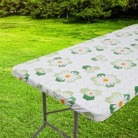 Jilimeli Vinyl Elastic Tablecloth for 6ft Rectangle Tables, Fitted Table Covers with Daisy Design, Waterproof 30”×72” Flannel Backing Folding Table Cloth for Home Picnic Party Holiday Travel，1 Pack