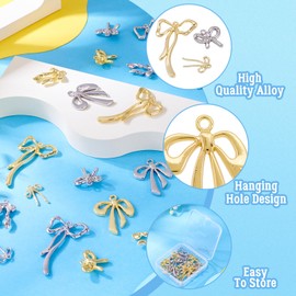 FASHEWELRY 20Pcs Alloy Bowknot Charms Gold Bow Tie Earring Connector Charms 10 Styles Platinum Christmas Jingle Bell Bow Charms for DIY Earring Necklace Bracelet Jewelry Making