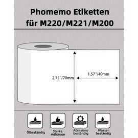 Phomemo 3 Rolls Thermal Labels for M221/M220/M200/M250 Label Printer, 2.95 x 1.57 Inches (70 x 40 mm) for Barcodes, Addresses, Mailers, Stamps, Business, Household Labels, Black on White