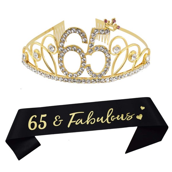 Dgasin Happy 65th Birthday Tiara and Sash Party Supplies 65 Fabulous Glitter Sash and Crystal Tiara Queen Crown for Women 65th Birthday Party Decorations Gold