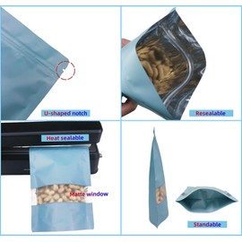 Rimiko 50pcs Resealable Mylar Stand up Ziplock Bags with Clear Window, Zipper Aluminum Foil Pouches, Reusable Mylar Bags Color Packaging for Candy Coffee Beans Food Storage (Sky Blue, 3.9"x 5.9")