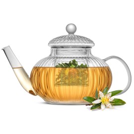 JoyJolt Fluted Glass Teapot Set 33.8oz w/Double Wall Glasses 13.5oz, Stovetop Safe Tea Kettle, Borosilicate Clear Tea Kettle with Removable Glass Infuser, Blooming and Loose Leaf Tea Maker Tea Brewer