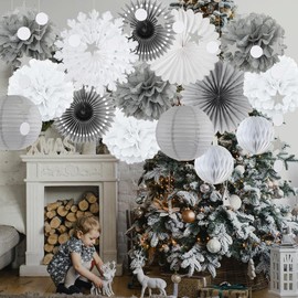 Christmas Paper Fan Decorations Grey and White Paper Snowflake Fans Paper Pom Poms Paper Lanterns with Paper Star Garland for Christmas Xmas Winter New Year Party Decorations