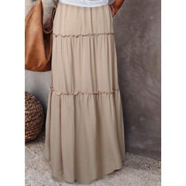 Happy Sailed Womens Maxi Skirt Retro Boho Style Vacation Outfits High Waist Elastic Waist A Line Long Flowy Skirts with Pockets Apricot Medium