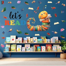 XUOIAYNB Colorful Book Caterpillar Wall Stickers, Let’s Read Classroom Vinyl Wall Decals, Removable School Reading DIY Wall Art for Kindergarten Preschool Library Decor