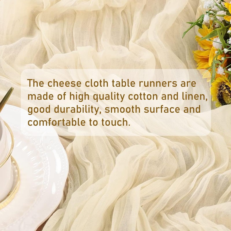 Eviznbou Beige Table Runner 2 Pcs 90x300cm Rustic Gauze Fabric