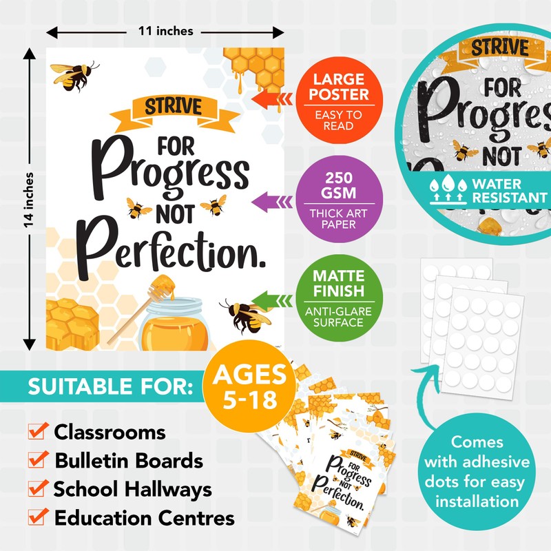 Decorably 15 Motivational Bee Posters for Classroom, 11x14in Matte-Laminated Inspirational