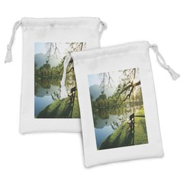 Lunarable Nature Fabric Pouch Set of 2, Wooden Chair at Lake Garden Park Serene Calming Environment Fresh Land Picture, Small Drawstring Bag for Toiletries Masks and Favors, 9" x 6", Green and Blue