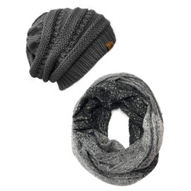 Bowbear Tricolor Winter Knit Infinity Scarf with Beanie, Dark Gray