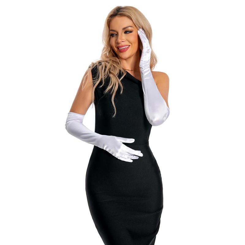 chrumeshi Long White Satin Opera Elbow Gloves Women Formal Silk