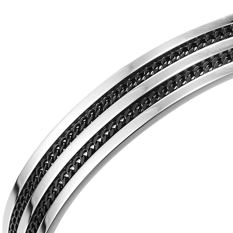 COOLSTEELANDBEYOND 19CM Steel Adjustable Cuff Bangle Bracelet Inlay with Black