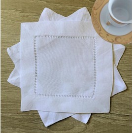 White Linen Cocktail Napkins 6x6 Inch, Linen Hemstitch Napkins, Cloth Cocktail Napkins Washable, Mini Napkins, Linen Coasters, Napkin Coasters, Reusable Napkin Set of 12 (Heimstitched)