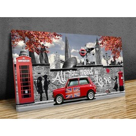 Banksy,London, All you need is love, Graffiti, Big Ben, Mini Cooper, canvas prints framed on bars wall art, wall hangins, home decor, canvas print art framed (26x14in 66x36cm)