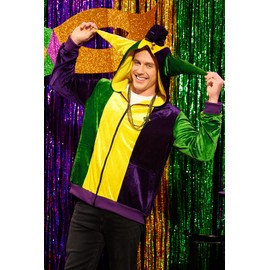 Arvilhill Men‘s Mardi Gras Jester Costume Beads Carnival Purple Gold Green Parade Funny Hoodie L