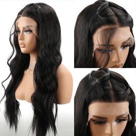 XCHJH 26inch Synthetic Lace Front Wigs for Women T Part Long Wavy Synthetic Lace Wigs 13x4x1 Body Wave Synthetic Wigs Natural Black Wigs Black Wavy Wigs for Black Women 180% Density