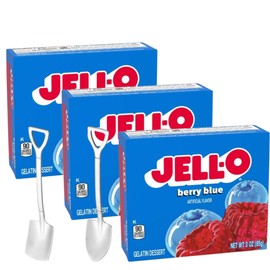 Jell-O Gelatin Dessert Mix - 3 oz Boxes (Pack of 3) - With Mini Metal Shovels (Berry Blue) - Metal Spoons