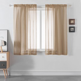 DUALIFE Brown Short Sheer Curtains 54 Inch,Dark Forest Green Faux Linen Semi Sheer Curtain Drapes for Living Room Bedroom Nursery Bathroom Privacy Voile Window Treatment,52 x 54 Inches,Set of 2