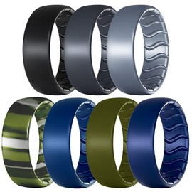 Dookeh Breathable Mens Silicone Wedding Rings, Rubber Ring Bands For Men, Black Blue Camo Engagement Band, Best for Workout, 1-4-7 Pack (U-Black,Dgray,Gray,Forestcamo,Blue,Green,NavyBlue, 7)