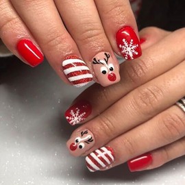 Christmas Press on Nails Short Square Fake Nails Cute Reindeer Snowflake Design Glitter Acrylic Nails Xmas Stick on Nails Full Cover Red White Stripe False Nails Winter Nail Decor for Women 24 Pcs