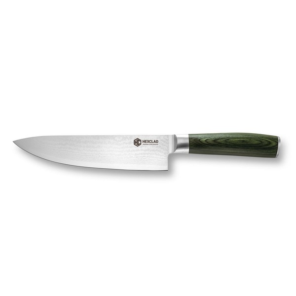 HexClad Cookware 8 Inch Chef's Knife, Damascus Stainless Steel Blade with Full Tang Pakkawood Handle