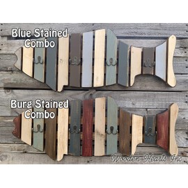 Coatrack FISH with metal hooks Shaped Fish Coat Rack Stained BLUE or BURGUNDY Nautical Lake Beach Ocean Sea Wall Home Decor